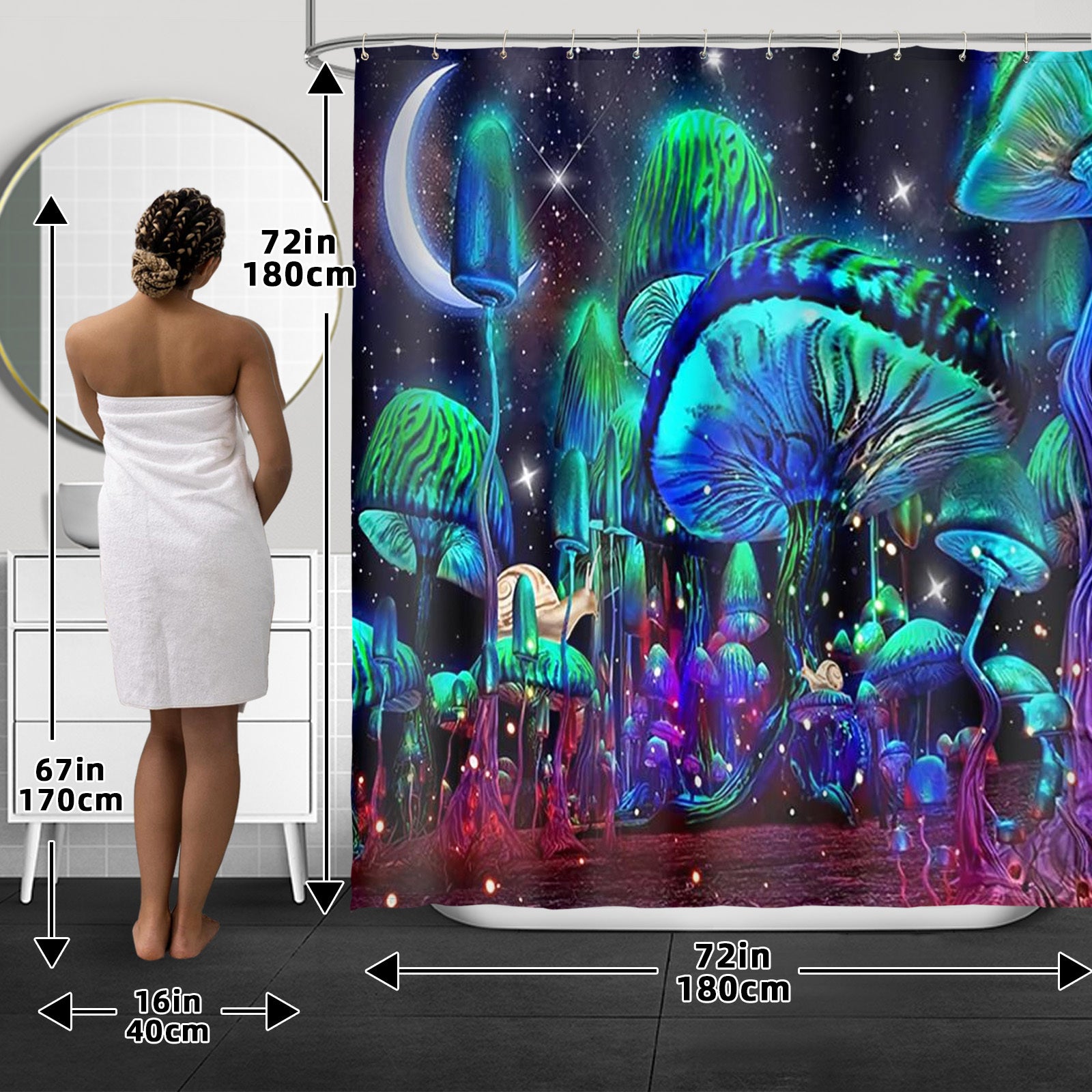 4pcs Glowing Mushroom Waterproof Shower Curtain Set, With Rugs, Hooks, Toilet Lid Cover, And U-Shaped Mat, For Bathroom Decor