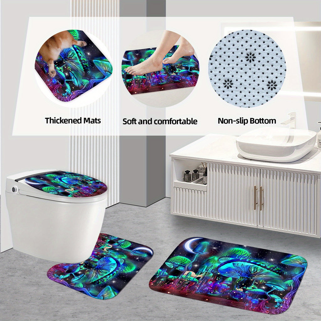 4pcs Glowing Mushroom Waterproof Shower Curtain Set, With Rugs, Hooks, Toilet Lid Cover, And U-Shaped Mat, For Bathroom Decor