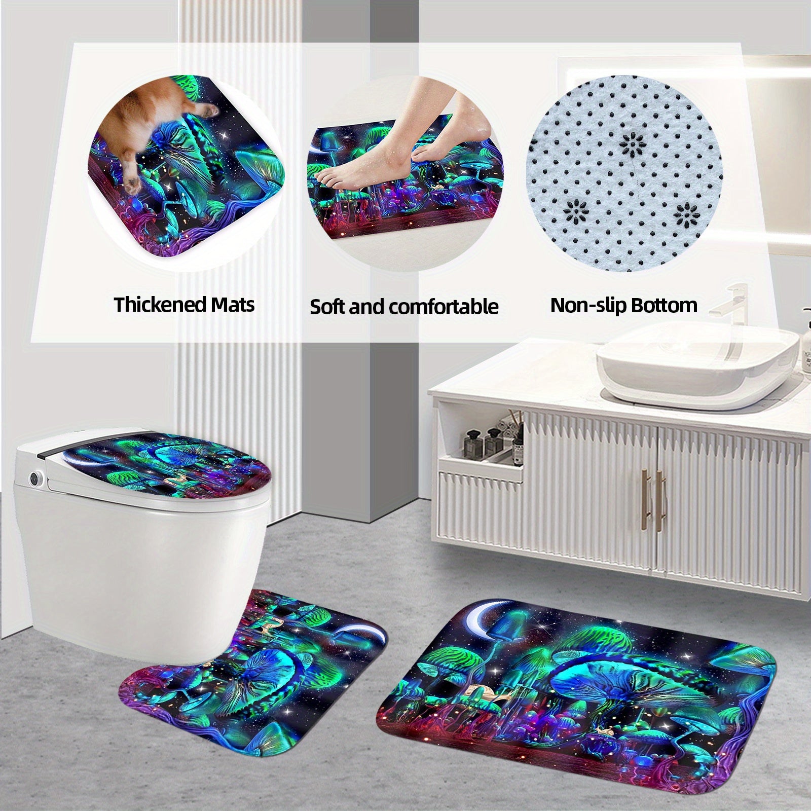 4pcs Glowing Mushroom Waterproof Shower Curtain Set, With Rugs, Hooks, Toilet Lid Cover, And U-Shaped Mat, For Bathroom Decor