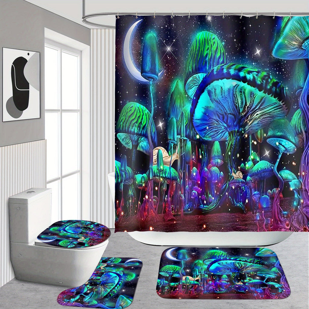 4pcs Glowing Mushroom Waterproof Shower Curtain Set, With Rugs, Hooks, Toilet Lid Cover, And U-Shaped Mat, For Bathroom Decor