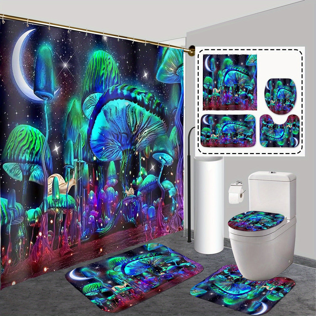 4pcs Glowing Mushroom Waterproof Shower Curtain Set, With Rugs, Hooks, Toilet Lid Cover, And U-Shaped Mat, For Bathroom Decor