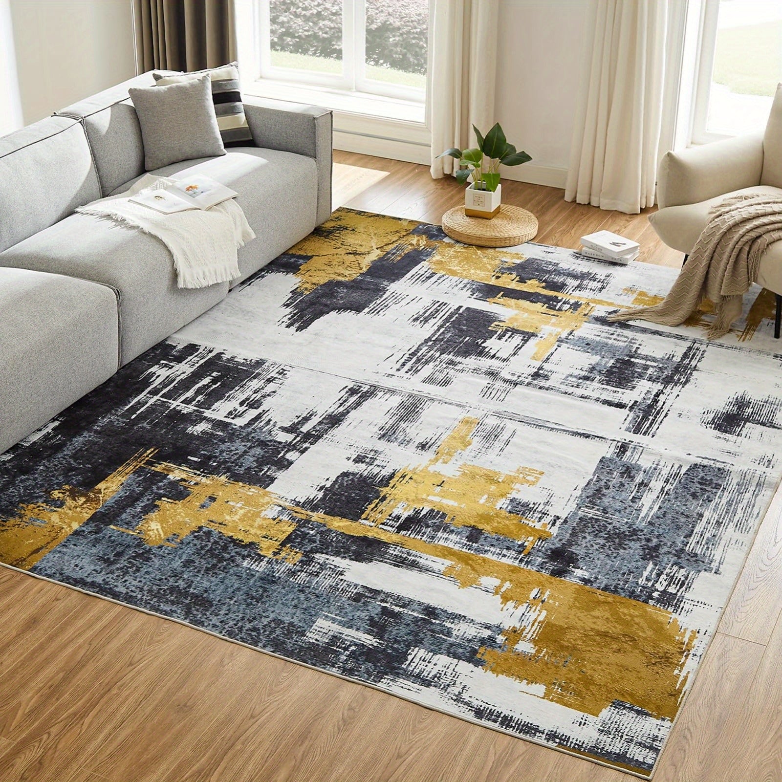 1 pc Machine Washable Rugs 8'x10' Abstract Washable Area Rugs for Living Room Non-Slip Rugs Bedroom Modern Braided Rugs Bohemian Rugs Soft Rugs Kitchen Dining Room Rugs Home Décor Office Rugs Black (Black)