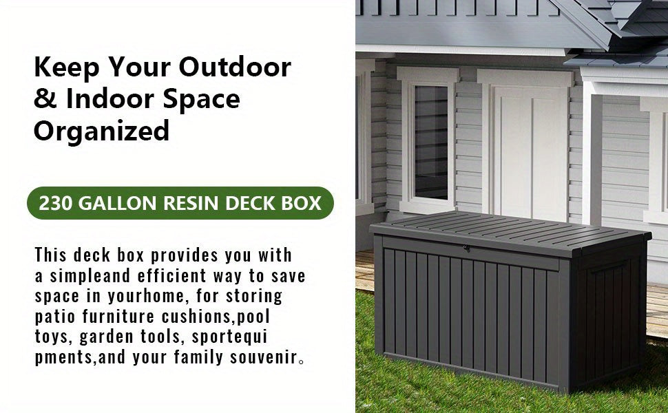 230 Gallon Outdoor Storage Box Deck Box - Weather-Resistant Lockable Outdoor Storage Cabinet for Pool Toys, Gardening Tools and Kitchen - Black