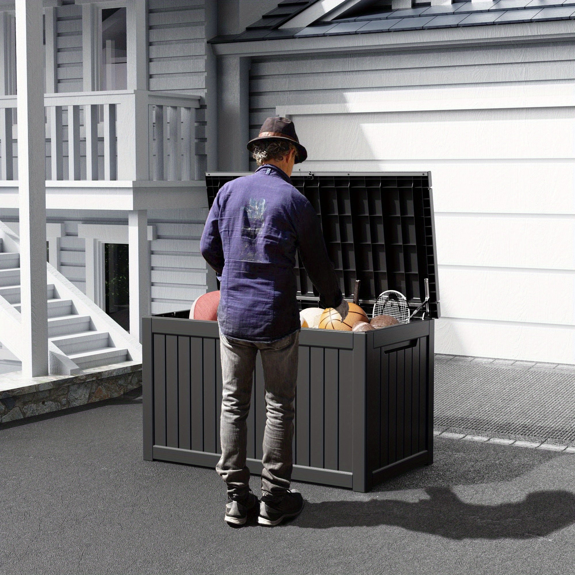 230 Gallon Outdoor Storage Box Deck Box - Weather-Resistant Lockable Outdoor Storage Cabinet for Pool Toys, Gardening Tools and Kitchen - Black
