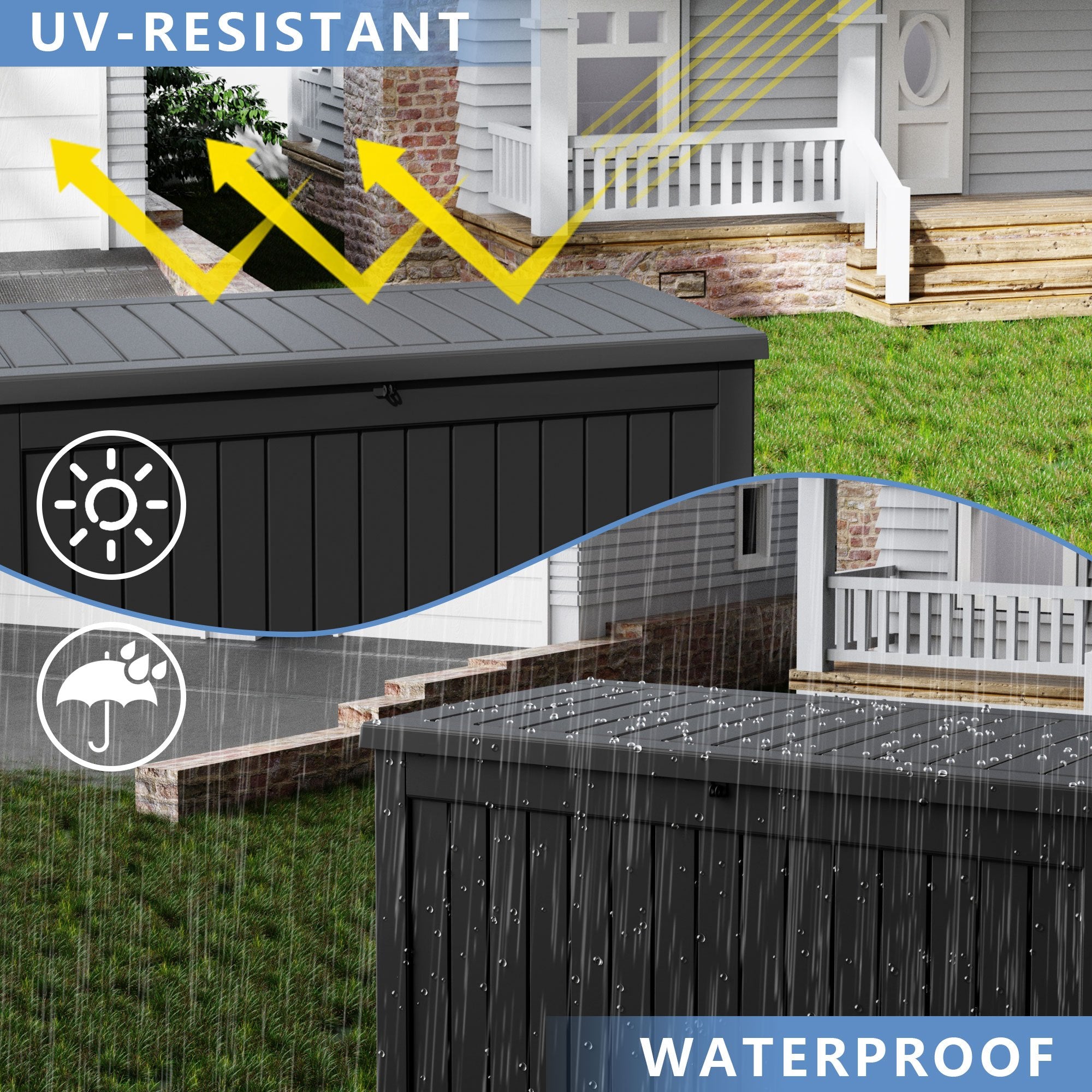 230 Gallon Outdoor Storage Box Deck Box - Weather-Resistant Lockable Outdoor Storage Cabinet for Pool Toys, Gardening Tools and Kitchen - Black