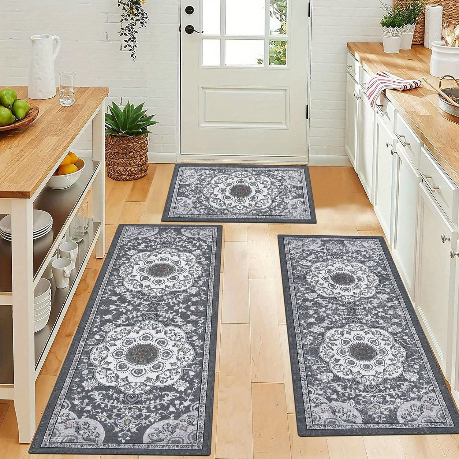 Boho Kitchen Rugs Sets 3 Piece with Runner Non Slip Kitchen Floor Mat Carpet Washable Bohemian Kitchen Runner Rug Set for Kitchen Hallway Laundry Room Door Office Sink