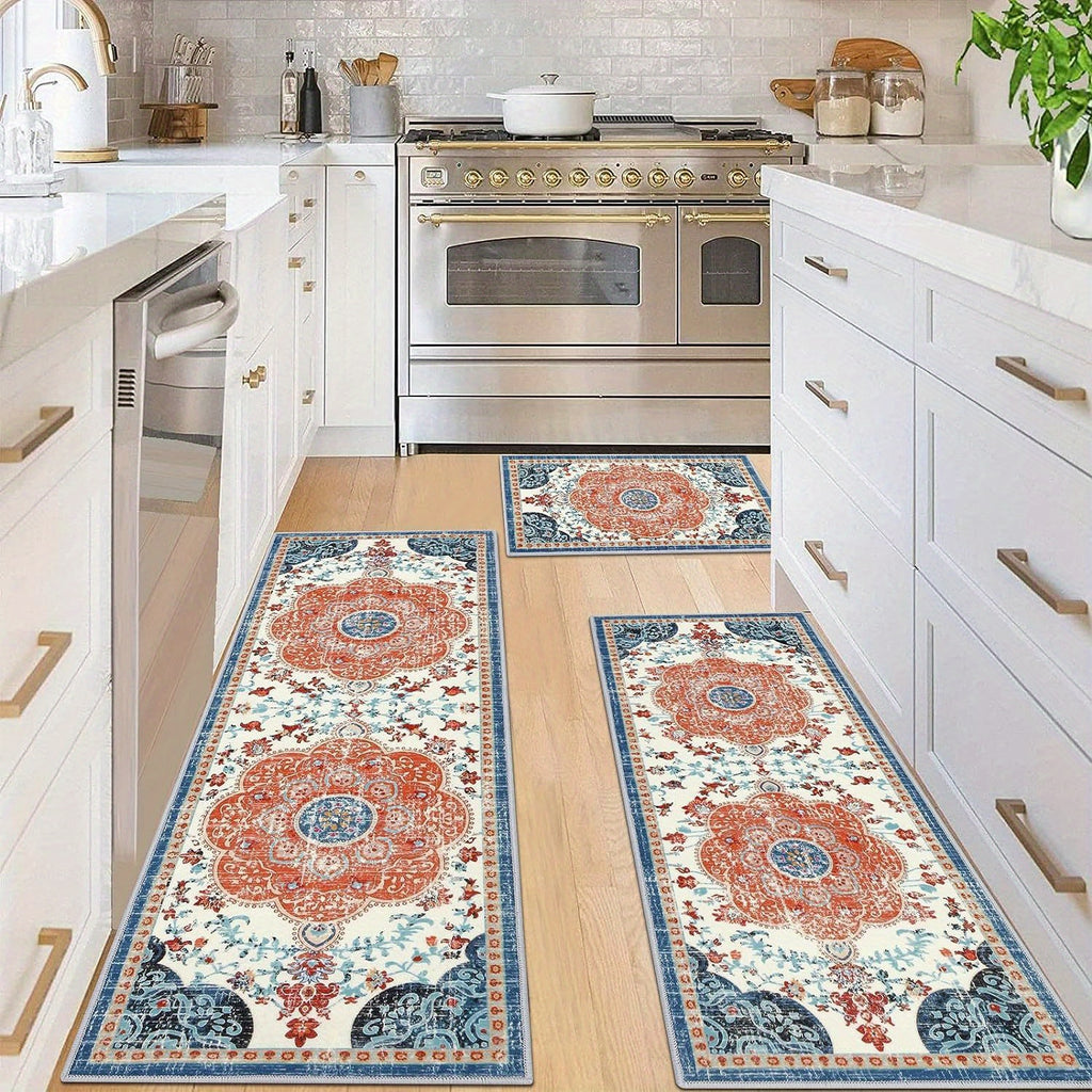 Boho Kitchen Rugs Sets 3 Piece with Runner Non Slip Kitchen Floor Mat Carpet Washable Bohemian Kitchen Runner Rug Set for Kitchen Hallway Laundry Room Door Office Sink