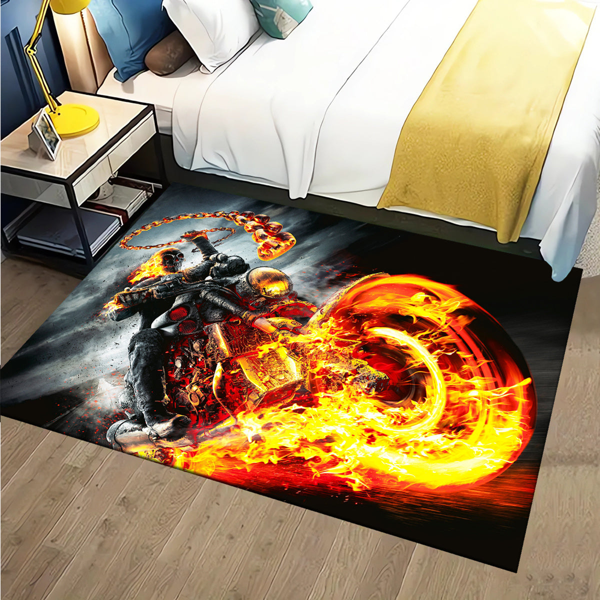 Crystal Velvet Cool Flame Motorcycle Rugs: 3D Printed Decorative Rugs for Living Room, Bedroom, Corridor, and Mattress Areas - Soft and Comfortable, 800g/m²