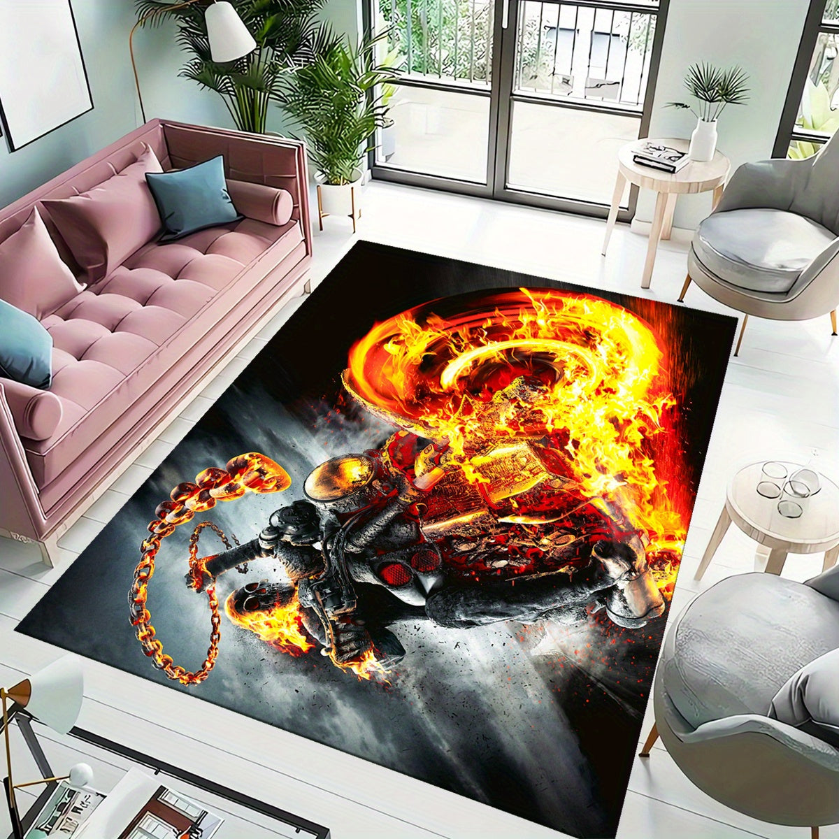 Crystal Velvet Cool Flame Motorcycle Rugs: 3D Printed Decorative Rugs for Living Room, Bedroom, Corridor, and Mattress Areas - Soft and Comfortable, 800g/m²
