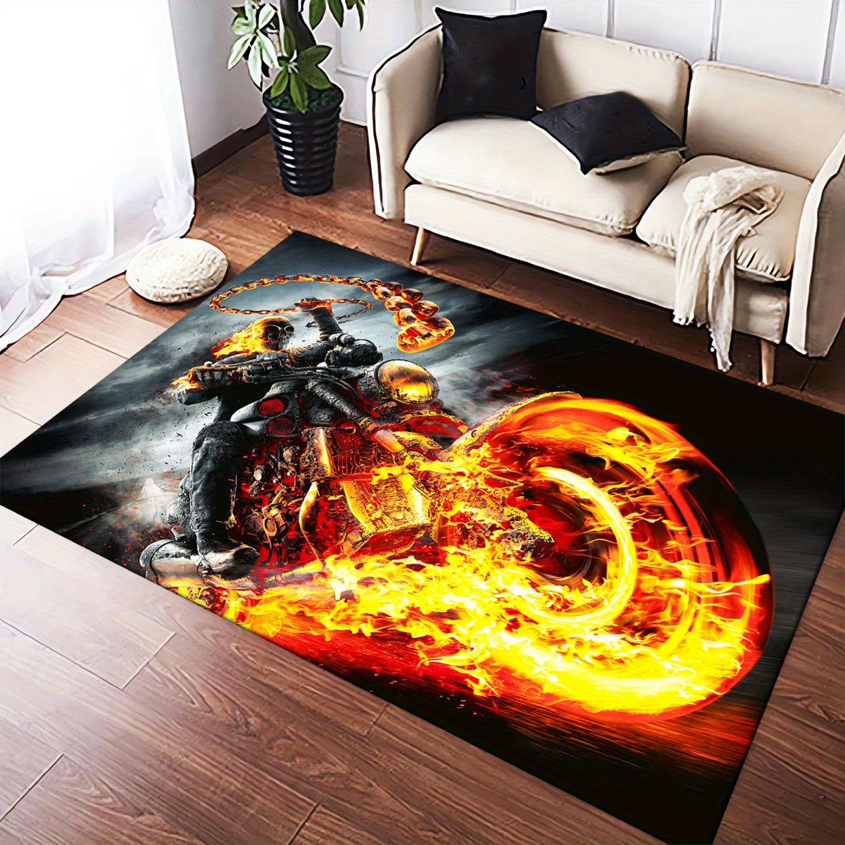Crystal Velvet Cool Flame Motorcycle Rugs: 3D Printed Decorative Rugs for Living Room, Bedroom, Corridor, and Mattress Areas - Soft and Comfortable, 800g/m²