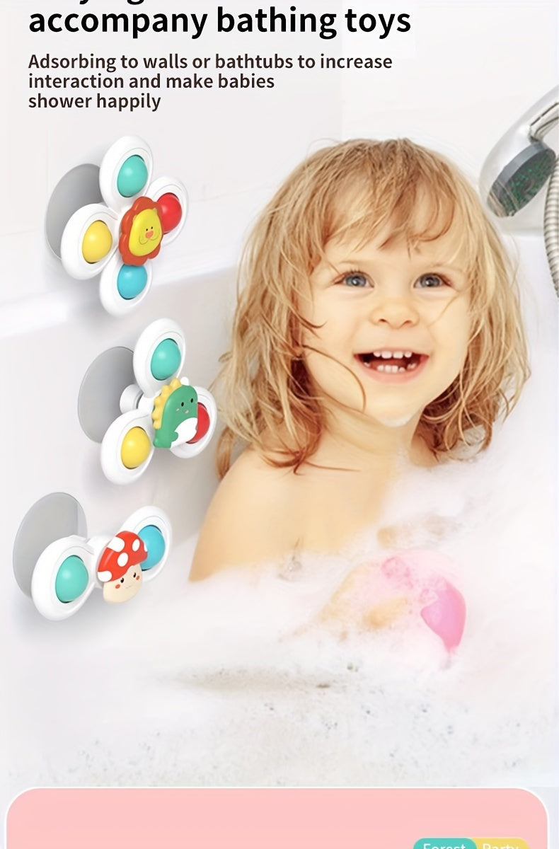 3pcs Kids' Cartoon Animal Suction Cup Spinning Toys Set - Relax, Music & Educational Bath Shower Play, Perfect for Bathtubs, Glass Surfaces & Car Windows - Ideal Gift for Boys & Girls