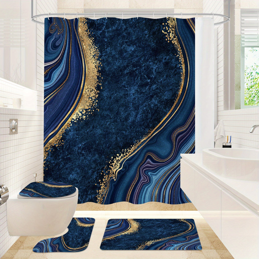 4 Pcs Luxury Marble Shower Curtain Set with Non-Slip Rugs, Toilet Lid Cover and Bath Mat, Black Gold Bathroom Decor Set with Shower Curtain and Rugs and Accessories