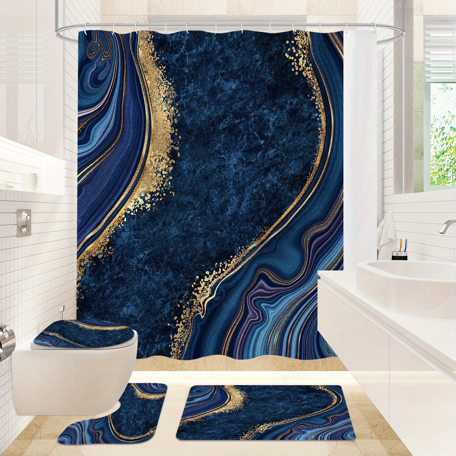 4 Pcs Luxury Marble Shower Curtain Set with Non-Slip Rugs, Toilet Lid Cover and Bath Mat, Black Gold Bathroom Decor Set with Shower Curtain and Rugs and Accessories