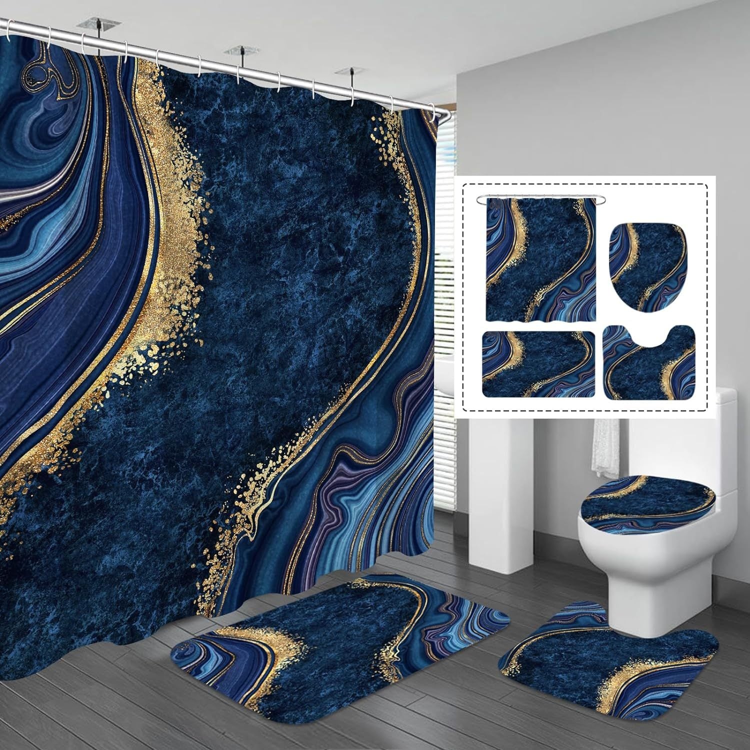4 Pcs Luxury Marble Shower Curtain Set with Non-Slip Rugs, Toilet Lid Cover and Bath Mat, Black Gold Bathroom Decor Set with Shower Curtain and Rugs and Accessories
