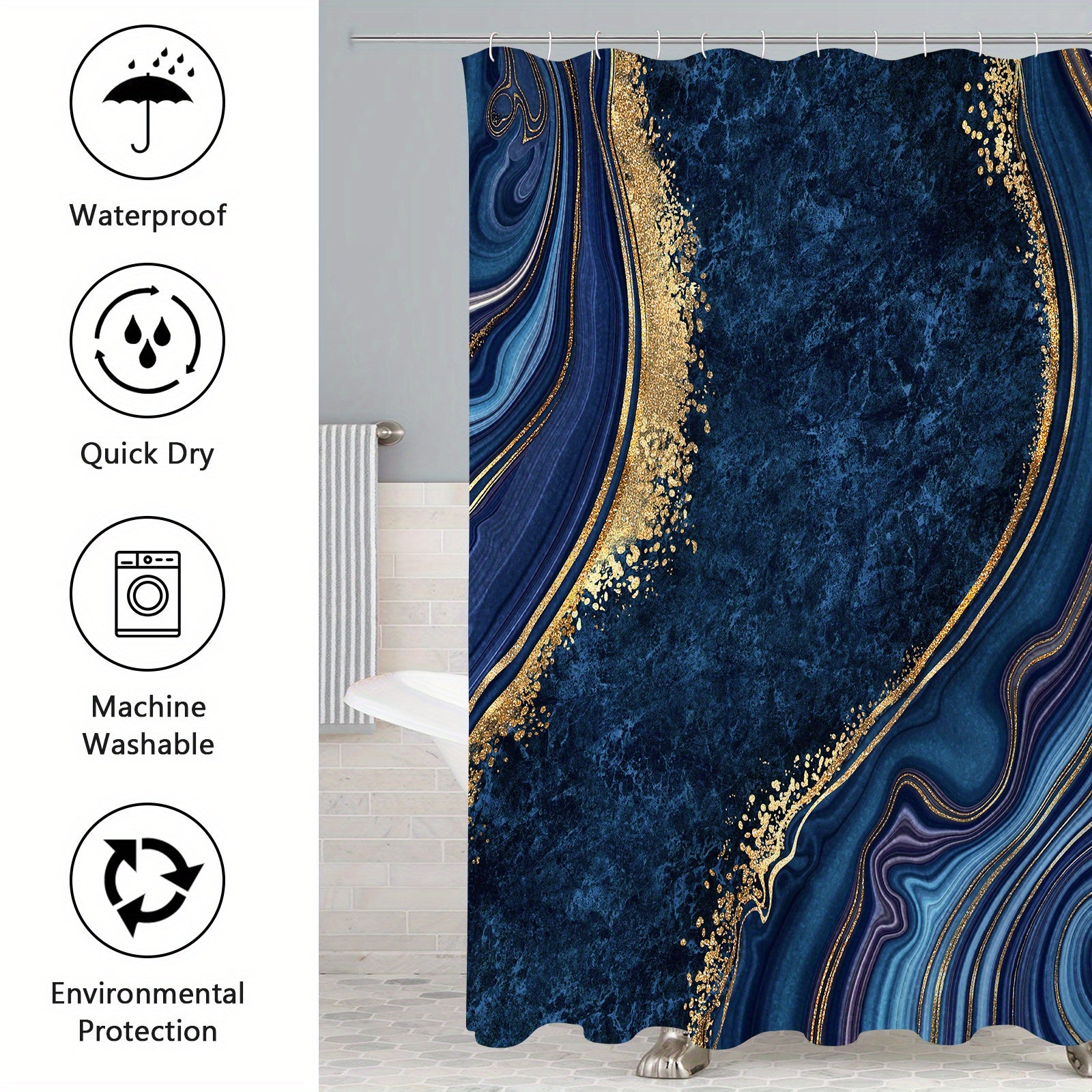 4 Pcs Luxury Marble Shower Curtain Set with Non-Slip Rugs, Toilet Lid Cover and Bath Mat, Black Gold Bathroom Decor Set with Shower Curtain and Rugs and Accessories