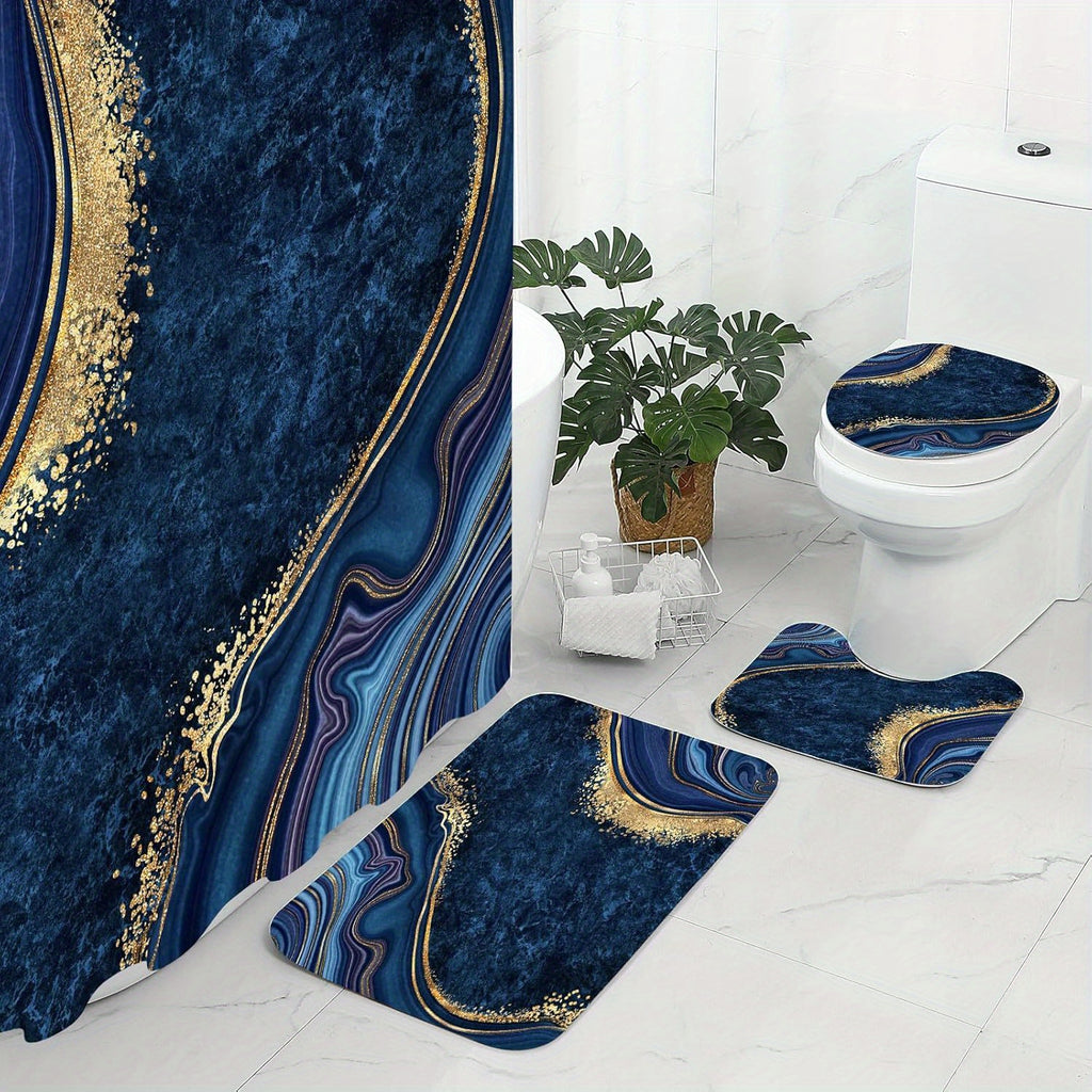 4 Pcs Luxury Marble Shower Curtain Set with Non-Slip Rugs, Toilet Lid Cover and Bath Mat, Black Gold Bathroom Decor Set with Shower Curtain and Rugs and Accessories