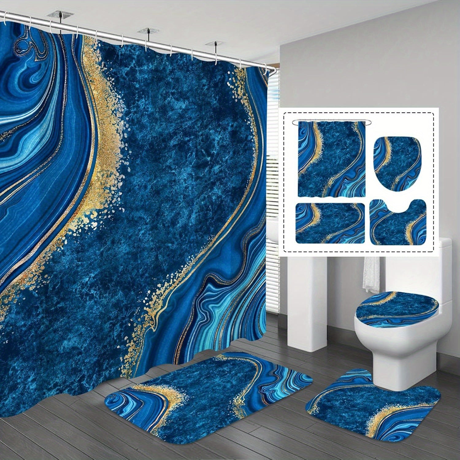 4 Pcs Luxury Marble Shower Curtain Set with Non-Slip Rugs, Toilet Lid Cover and Bath Mat, Black Gold Bathroom Decor Set with Shower Curtain and Rugs and Accessories