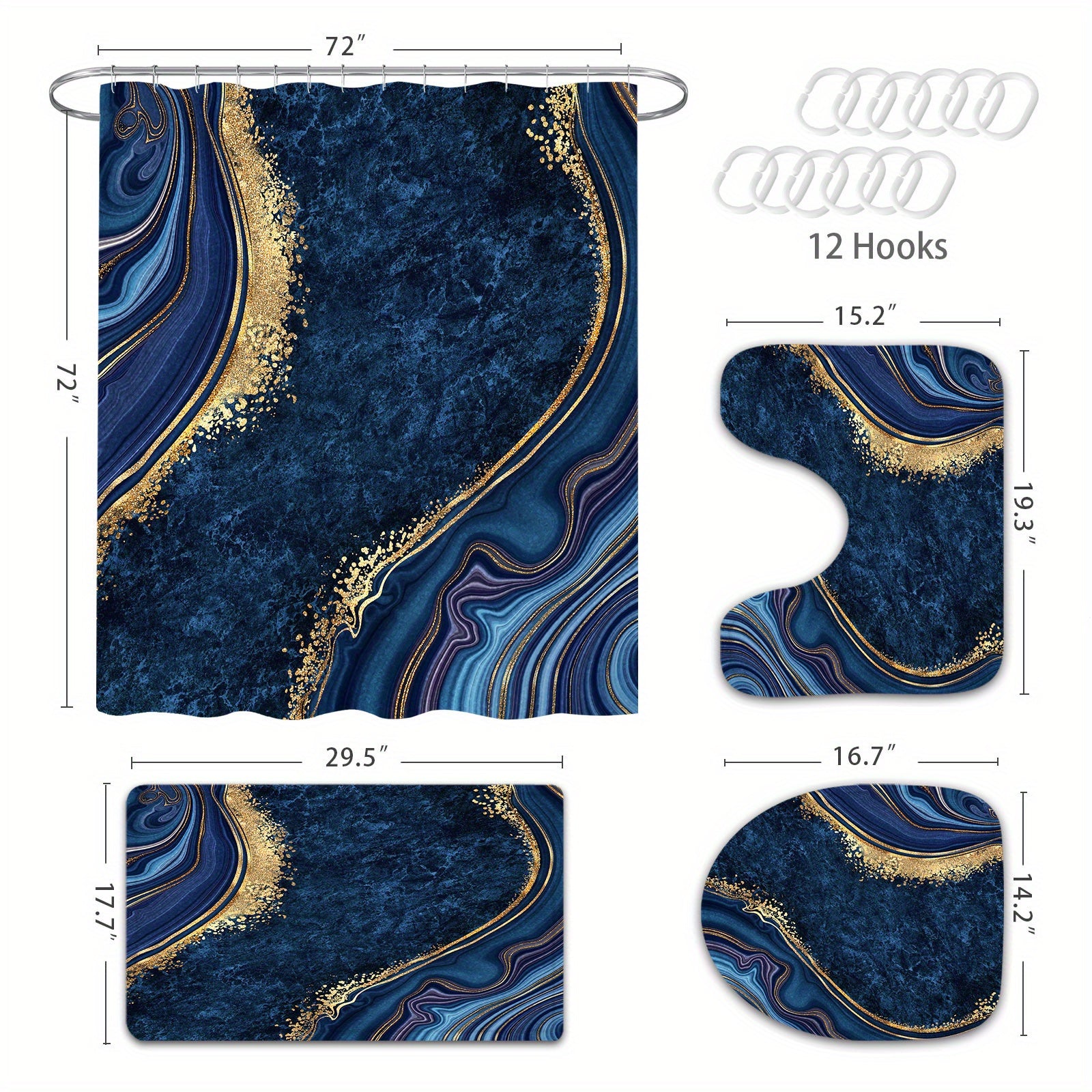 4 Pcs Luxury Marble Shower Curtain Set with Non-Slip Rugs, Toilet Lid Cover and Bath Mat, Black Gold Bathroom Decor Set with Shower Curtain and Rugs and Accessories