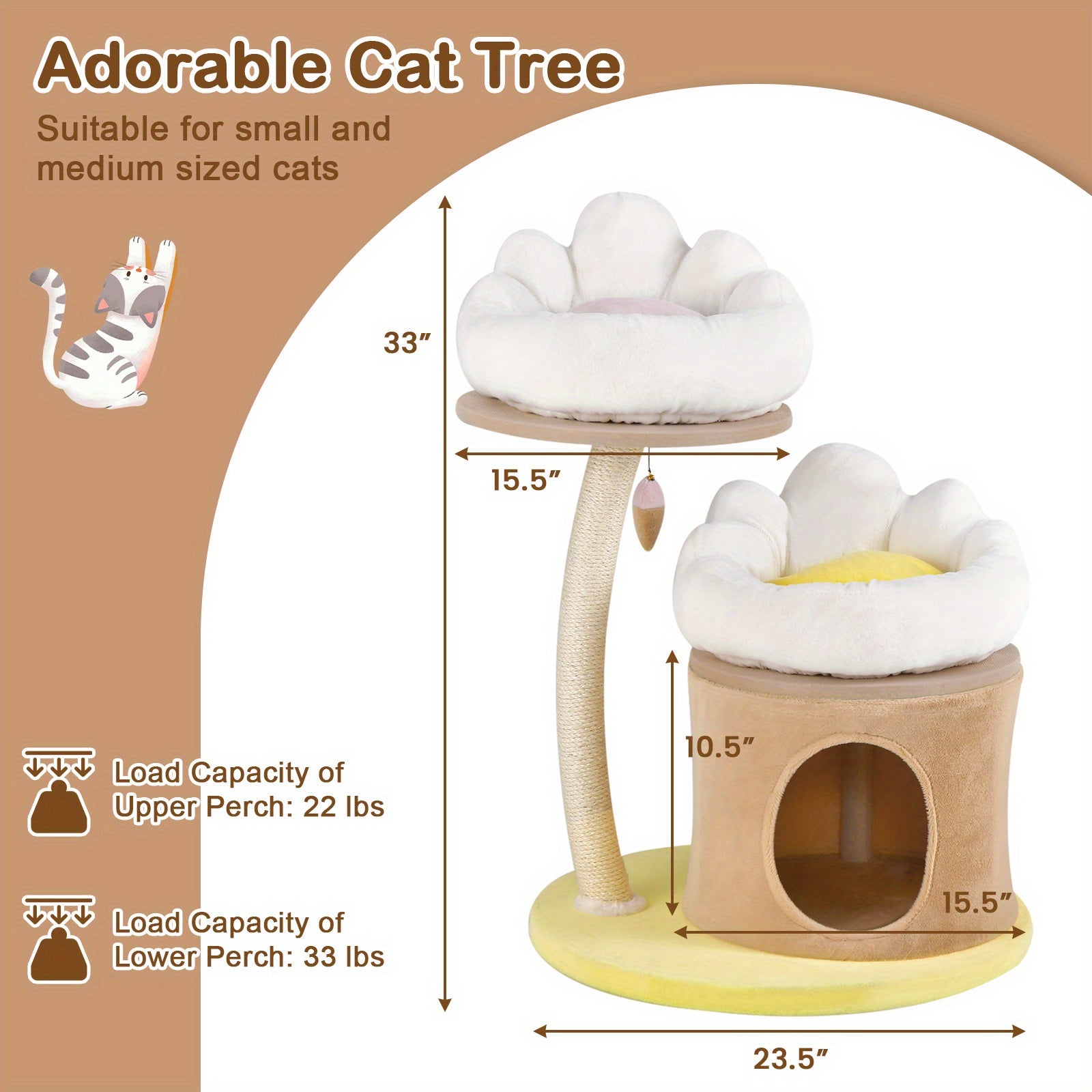 1pc 33" Deluxe Cat Tower - Multi-Level Condo with Sisal Scratching Post