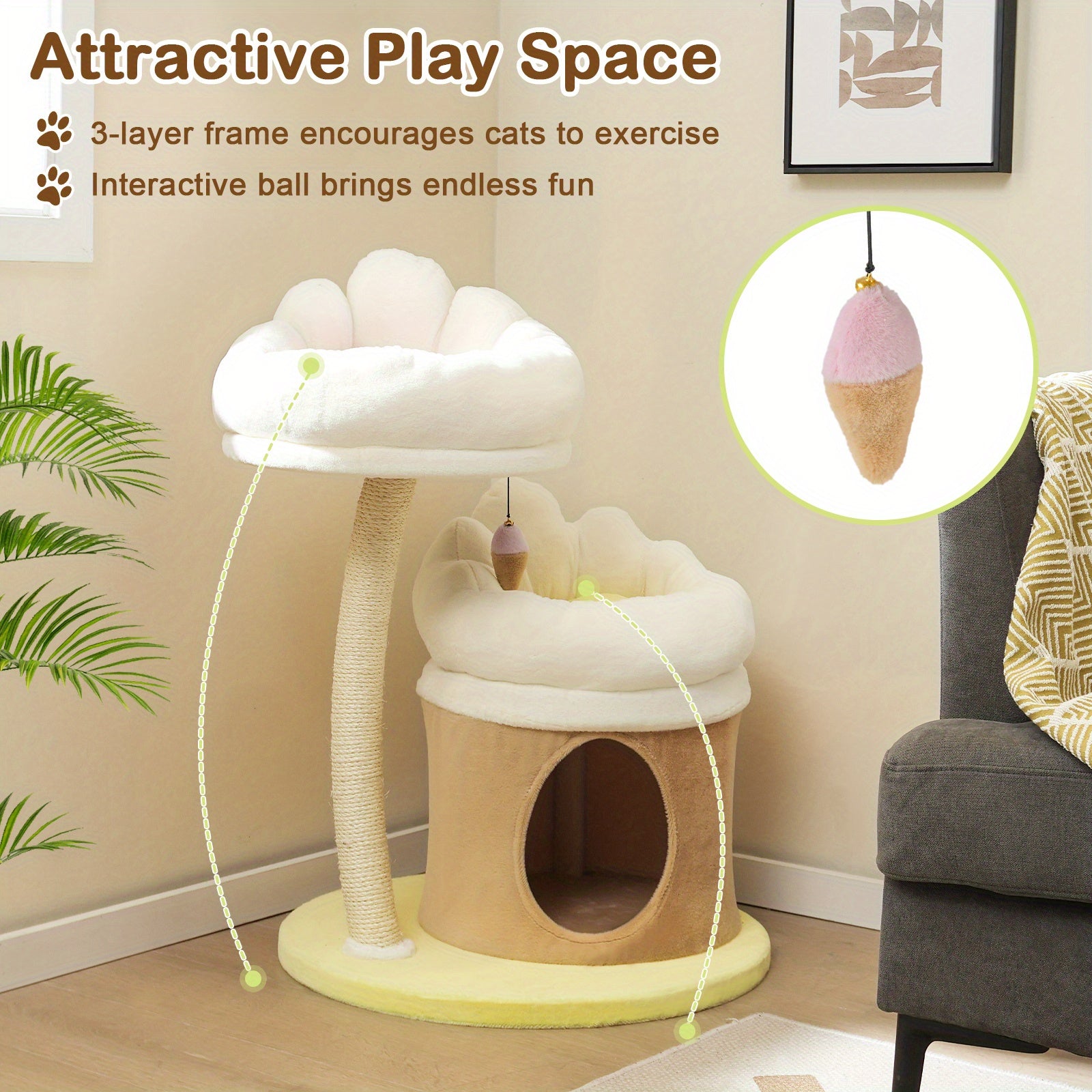 1pc 33" Deluxe Cat Tower - Multi-Level Condo with Sisal Scratching Post