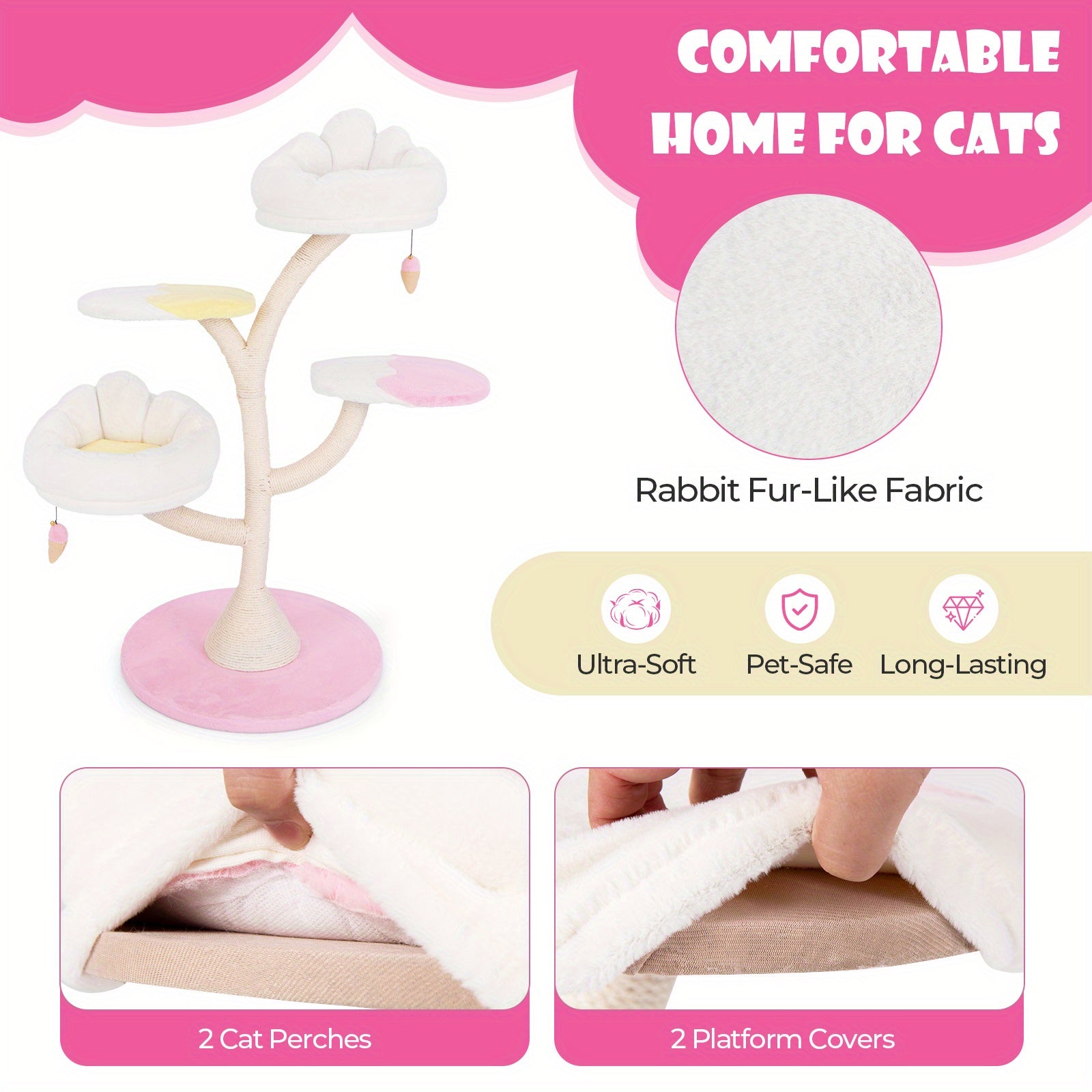 1pc Multi-Layer Cat Tree, Cute Cat Tower With 2 Cat Perches & 2 Platforms, All-in-one Cat Tree,