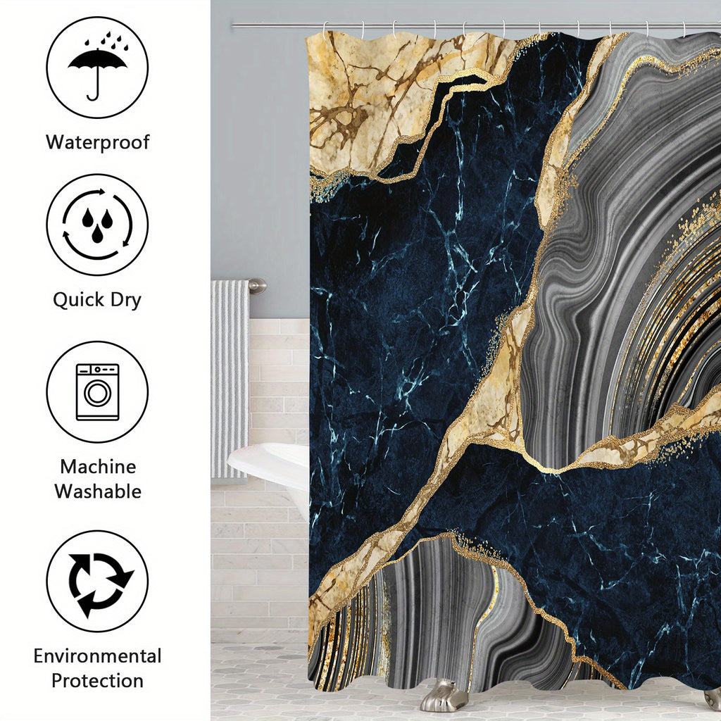 4 Pcs Marble Shower Curtain Set with Non-Slip Rugs, Toilet Lid Cover and Bath Mat, Luxury Black Grey Bathroom Decor Set with Shower Curtain and Rugs and Accessories