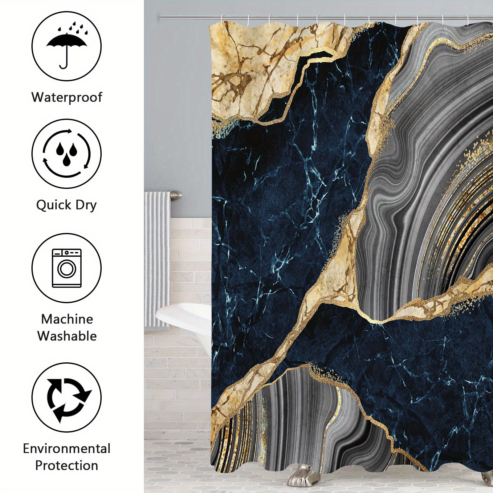 4 Pcs Marble Shower Curtain Set with Non-Slip Rugs, Toilet Lid Cover and Bath Mat, Luxury Black Grey Bathroom Decor Set with Shower Curtain and Rugs and Accessories