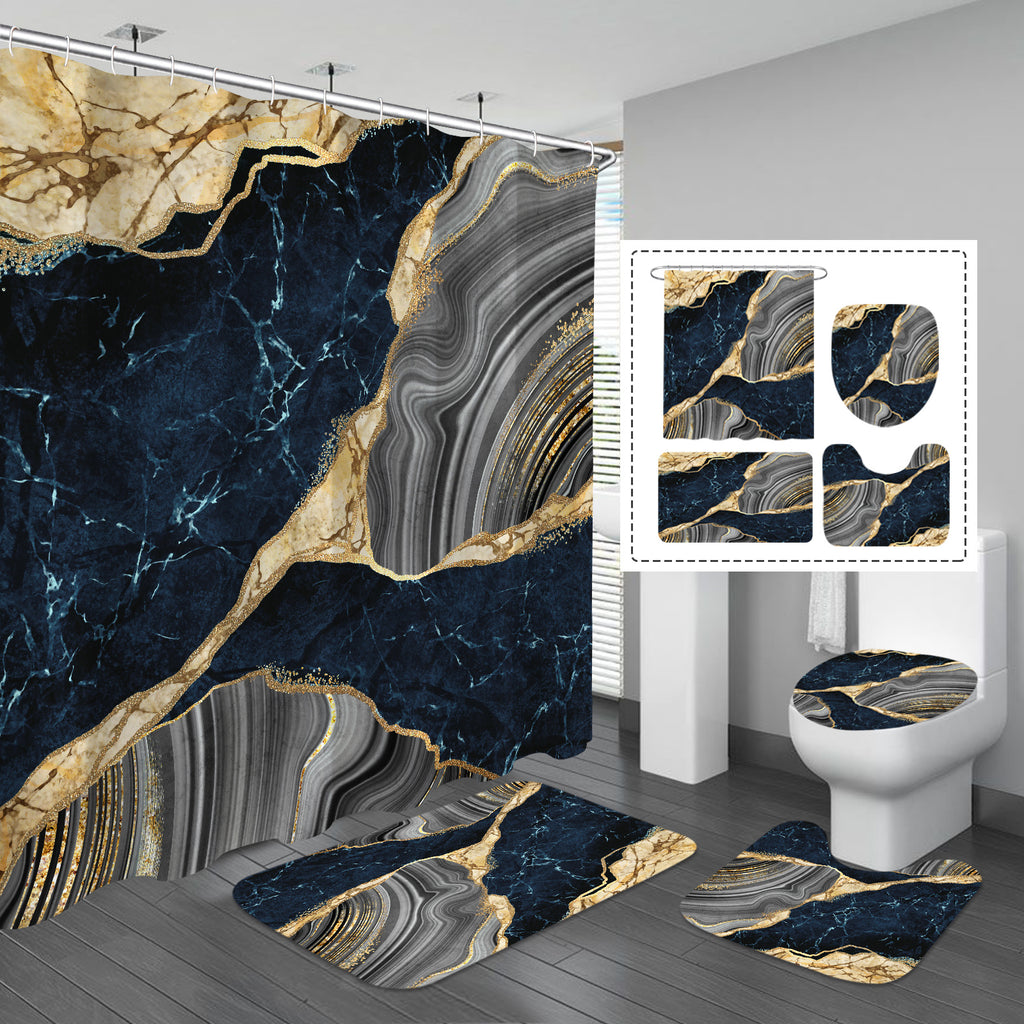 4 Pcs Marble Shower Curtain Set with Non-Slip Rugs, Toilet Lid Cover and Bath Mat, Luxury Black Grey Bathroom Decor Set with Shower Curtain and Rugs and Accessories