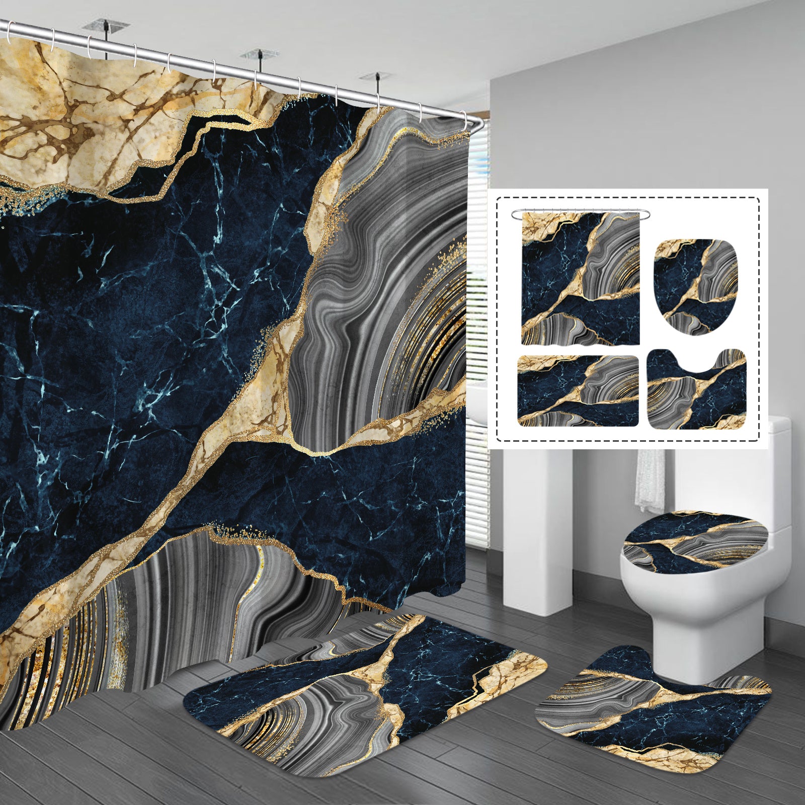 4 Pcs Marble Shower Curtain Set with Non-Slip Rugs, Toilet Lid Cover and Bath Mat, Luxury Black Grey Bathroom Decor Set with Shower Curtain and Rugs and Accessories