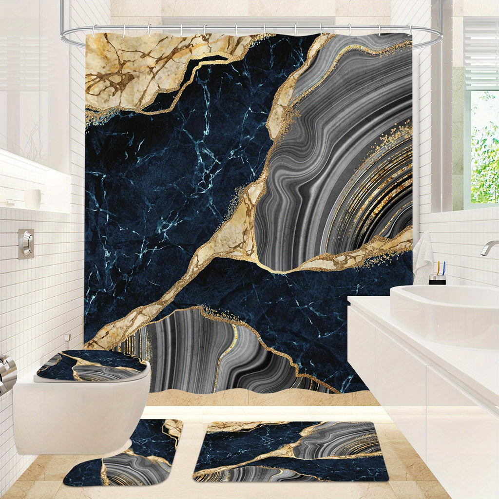 4 Pcs Marble Shower Curtain Set with Non-Slip Rugs, Toilet Lid Cover and Bath Mat, Luxury Black Grey Bathroom Decor Set with Shower Curtain and Rugs and Accessories