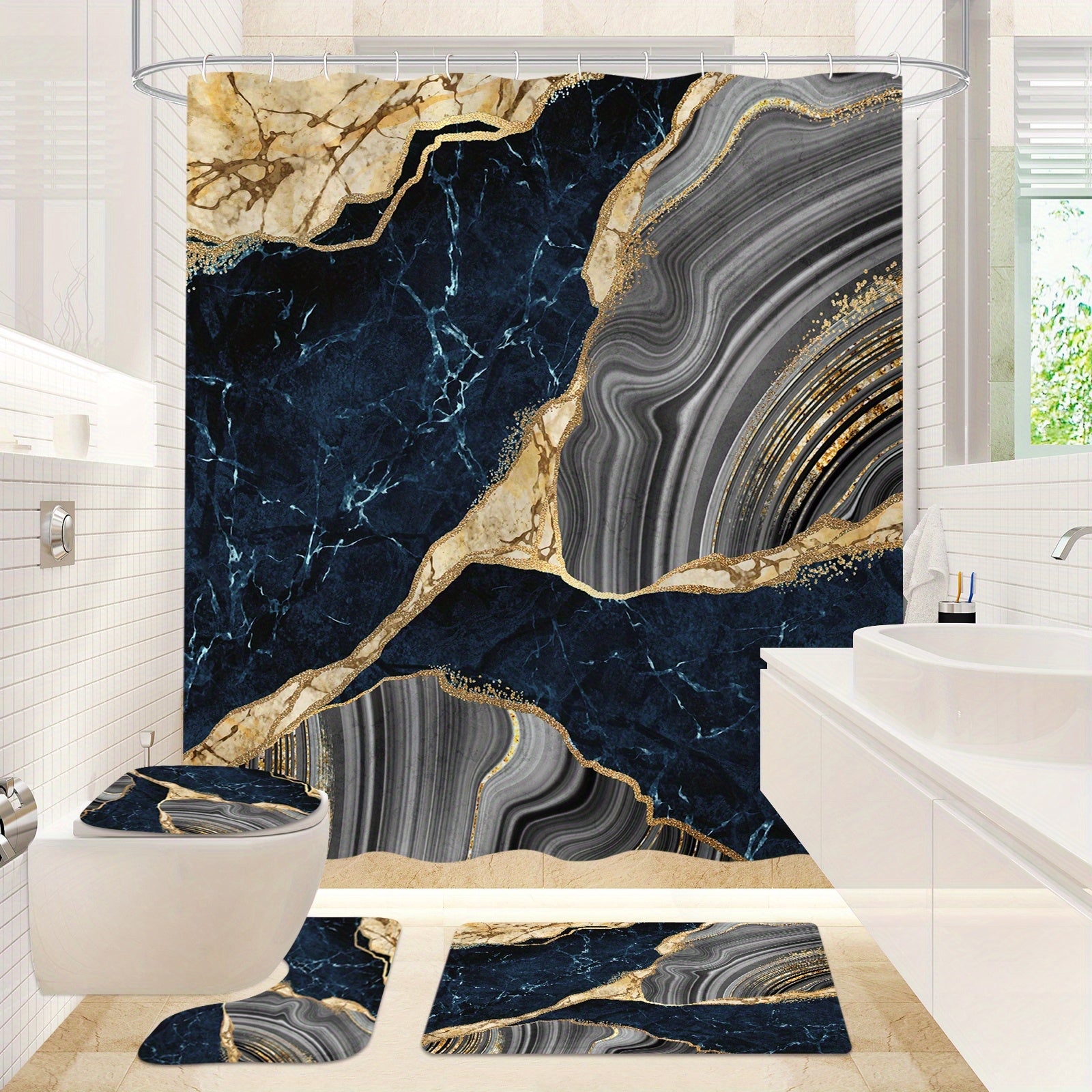 4 Pcs Marble Shower Curtain Set with Non-Slip Rugs, Toilet Lid Cover and Bath Mat, Luxury Black Grey Bathroom Decor Set with Shower Curtain and Rugs and Accessories
