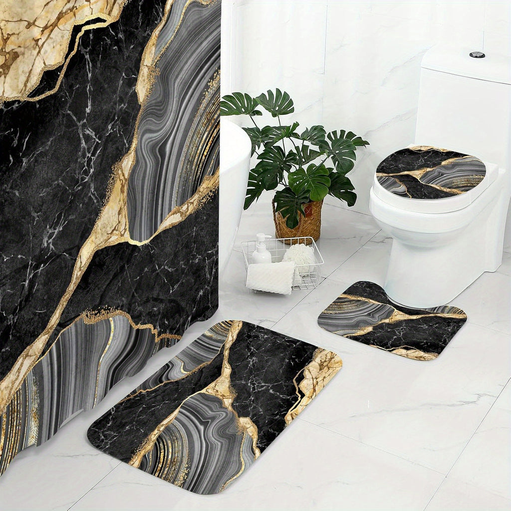 4 Pcs Marble Shower Curtain Set with Non-Slip Rugs, Toilet Lid Cover and Bath Mat, Luxury Black Grey Bathroom Decor Set with Shower Curtain and Rugs and Accessories