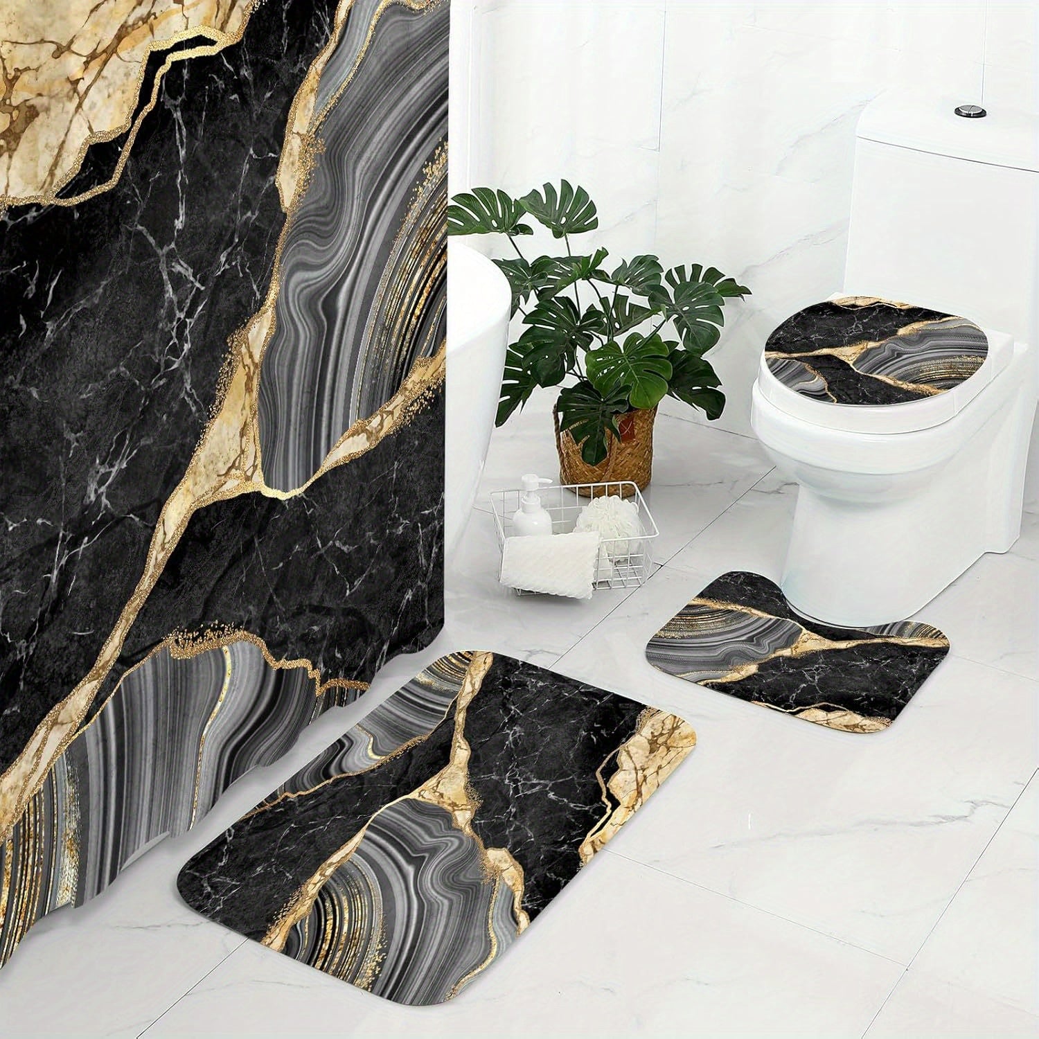4 Pcs Marble Shower Curtain Set with Non-Slip Rugs, Toilet Lid Cover and Bath Mat, Luxury Black Grey Bathroom Decor Set with Shower Curtain and Rugs and Accessories