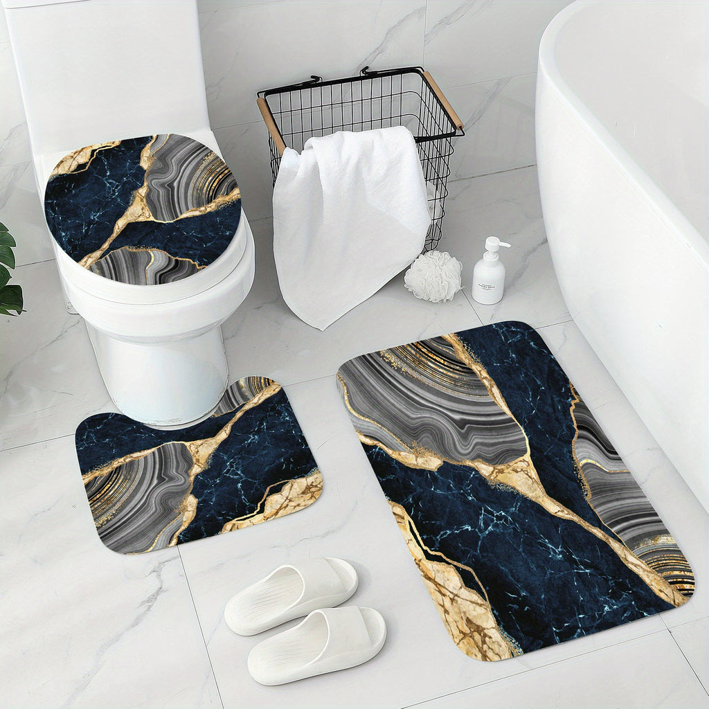 4 Pcs Marble Shower Curtain Set with Non-Slip Rugs, Toilet Lid Cover and Bath Mat, Luxury Black Grey Bathroom Decor Set with Shower Curtain and Rugs and Accessories