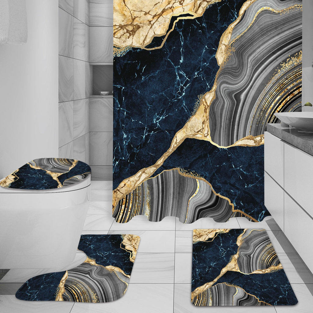 4 Pcs Marble Shower Curtain Set with Non-Slip Rugs, Toilet Lid Cover and Bath Mat, Luxury Black Grey Bathroom Decor Set with Shower Curtain and Rugs and Accessories
