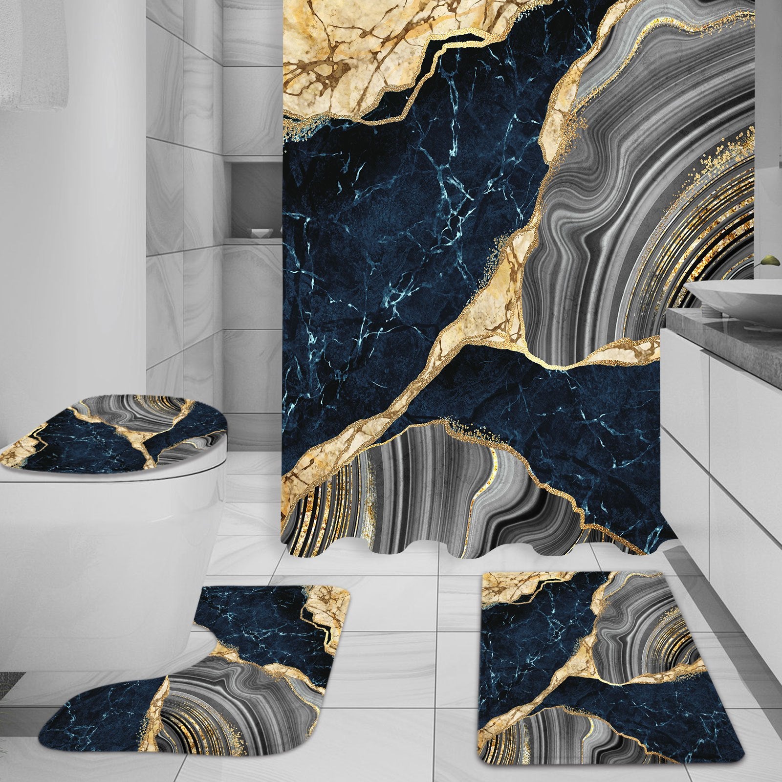 4 Pcs Marble Shower Curtain Set with Non-Slip Rugs, Toilet Lid Cover and Bath Mat, Luxury Black Grey Bathroom Decor Set with Shower Curtain and Rugs and Accessories