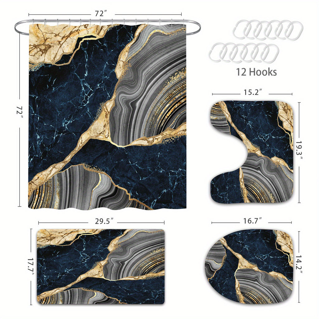 4 Pcs Marble Shower Curtain Set with Non-Slip Rugs, Toilet Lid Cover and Bath Mat, Luxury Black Grey Bathroom Decor Set with Shower Curtain and Rugs and Accessories