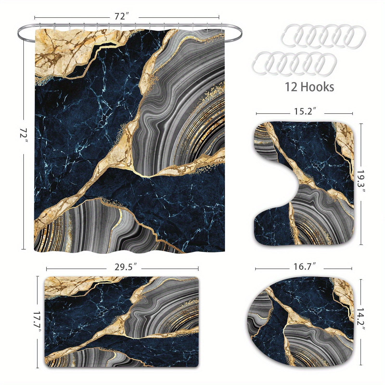 4 Pcs Marble Shower Curtain Set with Non-Slip Rugs, Toilet Lid Cover and Bath Mat, Luxury Black Grey Bathroom Decor Set with Shower Curtain and Rugs and Accessories
