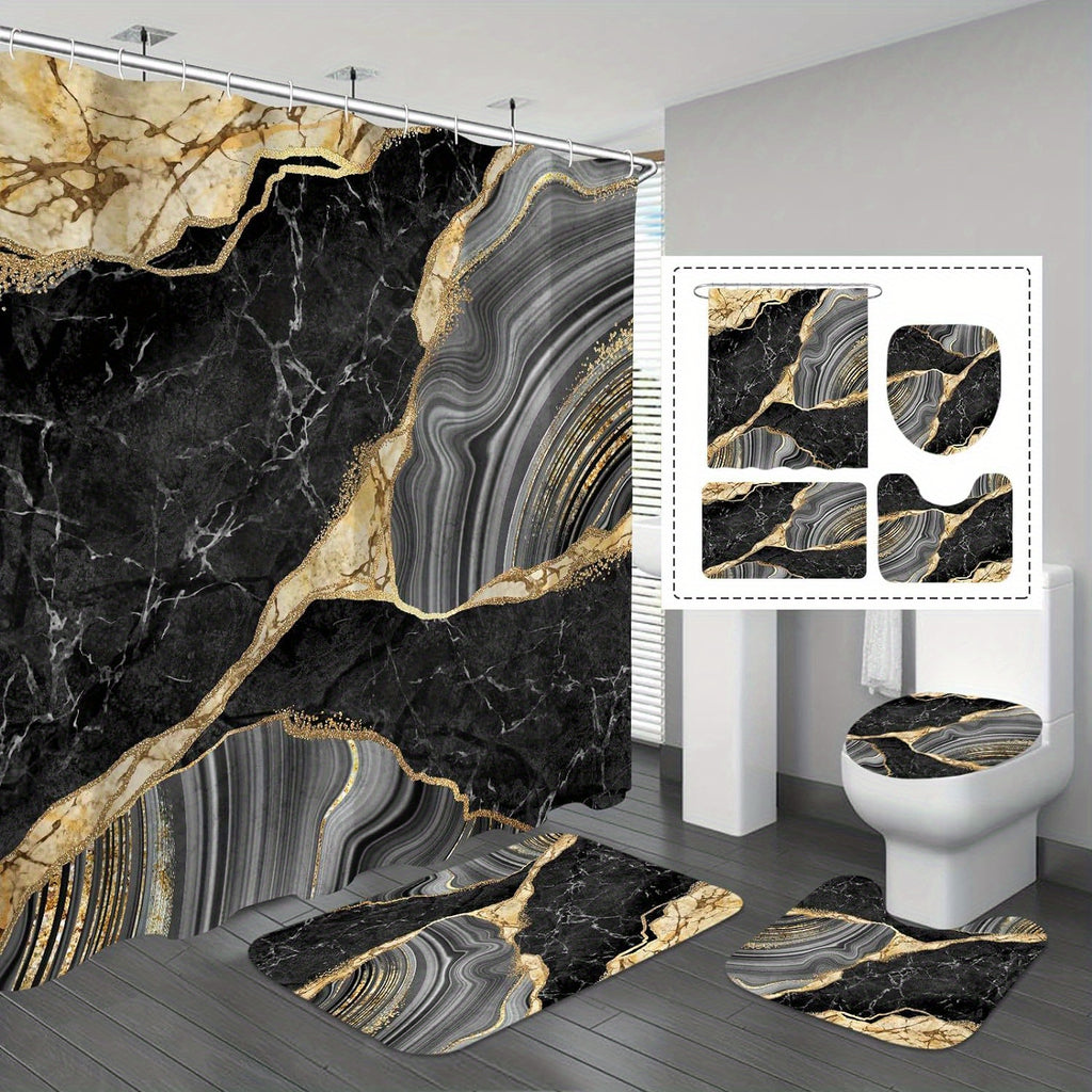 4 Pcs Marble Shower Curtain Set with Non-Slip Rugs, Toilet Lid Cover and Bath Mat, Luxury Black Grey Bathroom Decor Set with Shower Curtain and Rugs and Accessories