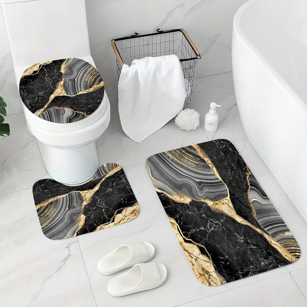 4 Pcs Marble Shower Curtain Set with Non-Slip Rugs, Toilet Lid Cover and Bath Mat, Luxury Black Grey Bathroom Decor Set with Shower Curtain and Rugs and Accessories