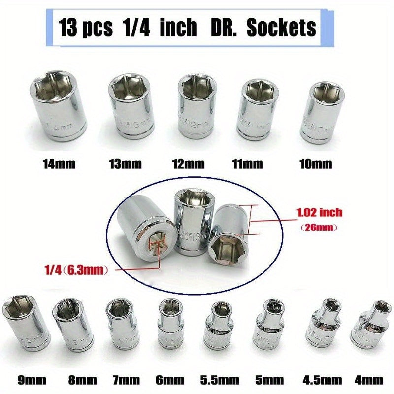 Automotive repair socket wrench kit, ratchet kit, mechanical tool kit, automotive repair and household drill bit socket, metric, 1/ 4 inch drive, 46 pieces