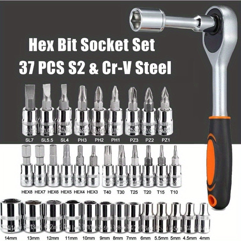 Automotive repair socket wrench kit, ratchet kit, mechanical tool kit, automotive repair and household drill bit socket, metric, 1/ 4 inch drive, 46 pieces