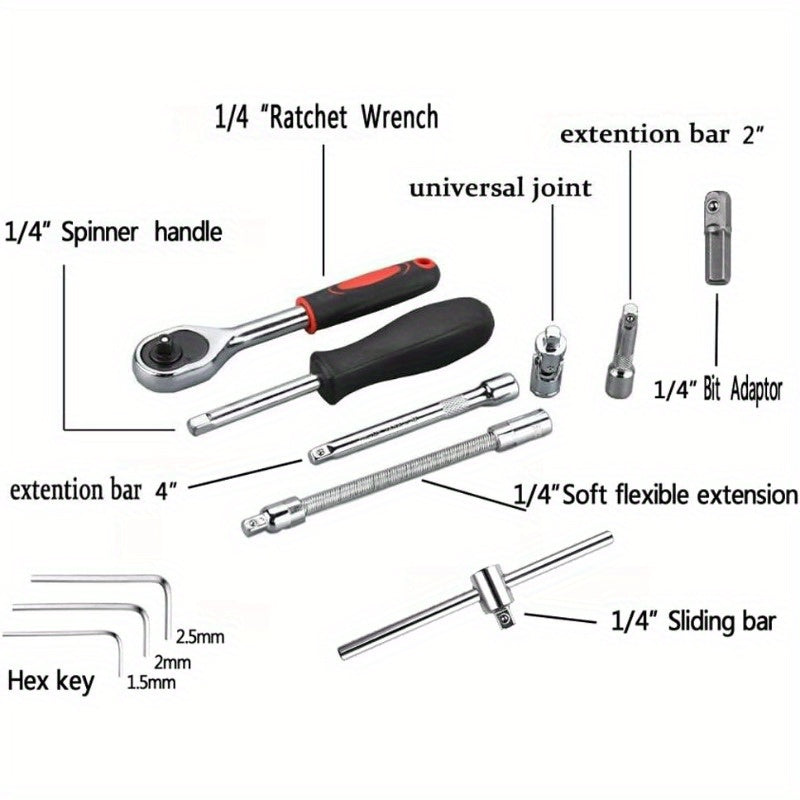 Automotive repair socket wrench kit, ratchet kit, mechanical tool kit, automotive repair and household drill bit socket, metric, 1/ 4 inch drive, 46 pieces