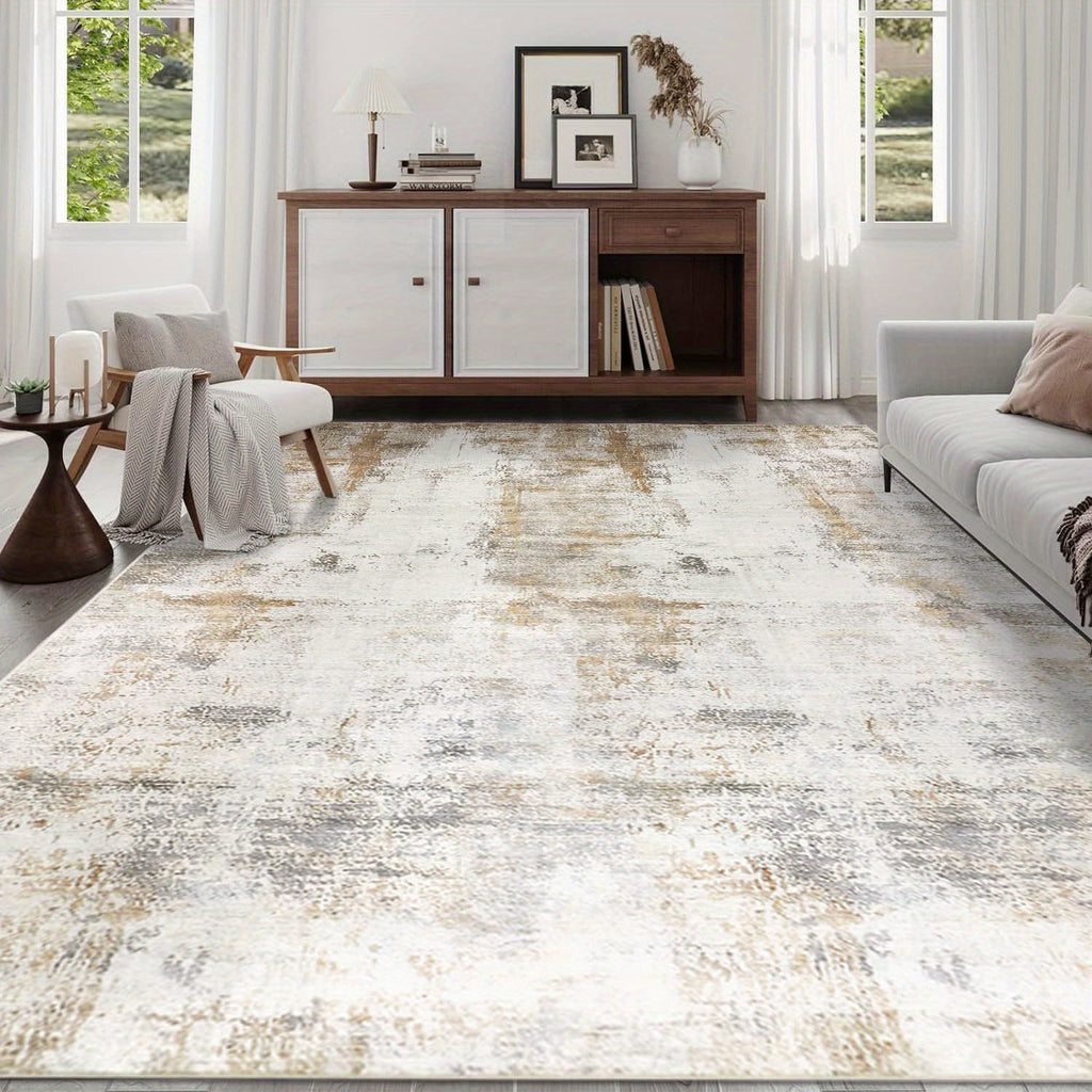 1pc Washable 6x9 Area Rug Soft Low Pile Rubber Backed Neutral Rugs for Bedroom Living Room Dining Room Office (Beige/ Camel)