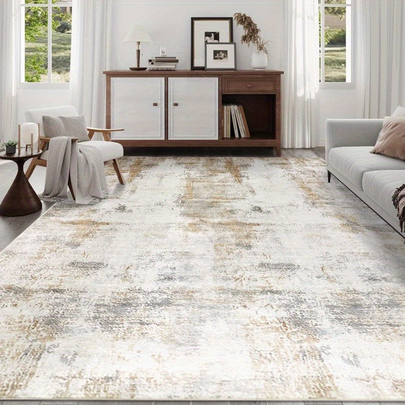 1pc Washable 6x9 Area Rug Soft Low Pile Rubber Backed Neutral Rugs for Bedroom Living Room Dining Room Office (Beige/ Camel)