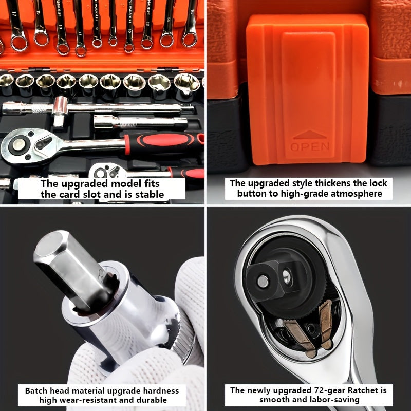 46/53/61/82/94pcs Mechanical Tool Kit Chrome Vanadium Steel Manual Tool Kit - Including Metric Ratchet, Socket, Wrench Kit For Automotive And Mechanical Repairs, Durable Non Battery Uncharged Tool Kit