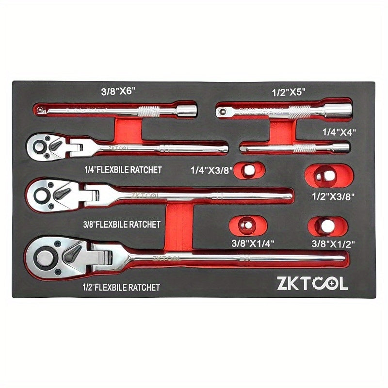 10PC Flex Head Ratchet Set - Adjustable Swivel Head Ratchet Wrench with Extension Bar for 1/4", 3/8", 1/2" Drive - Versatile and Durable Tool for Automotive, Industrial and Home Use