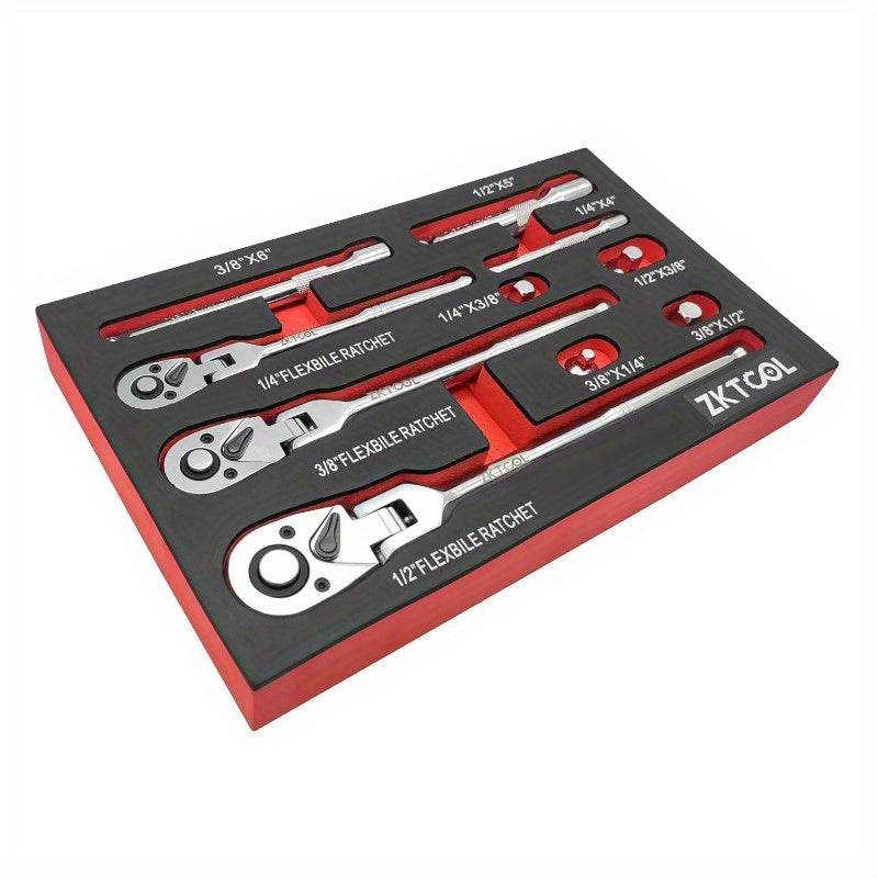 10PC Flex Head Ratchet Set - Adjustable Swivel Head Ratchet Wrench with Extension Bar for 1/4", 3/8", 1/2" Drive - Versatile and Durable Tool for Automotive, Industrial and Home Use