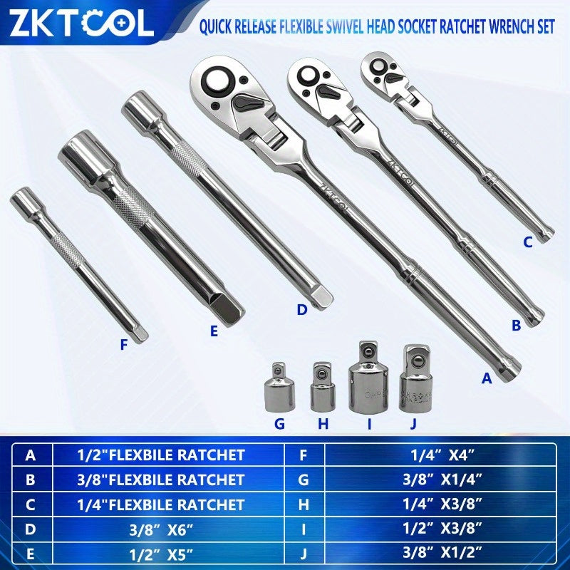 10PC Flex Head Ratchet Set - Adjustable Swivel Head Ratchet Wrench with Extension Bar for 1/4", 3/8", 1/2" Drive - Versatile and Durable Tool for Automotive, Industrial and Home Use