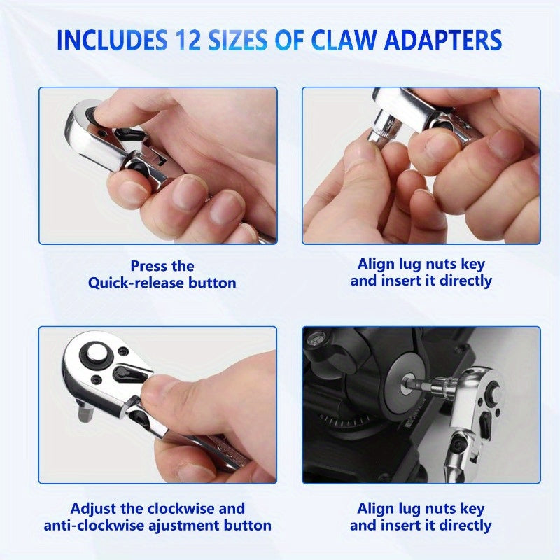 10PC Flex Head Ratchet Set - Adjustable Swivel Head Ratchet Wrench with Extension Bar for 1/4", 3/8", 1/2" Drive - Versatile and Durable Tool for Automotive, Industrial and Home Use